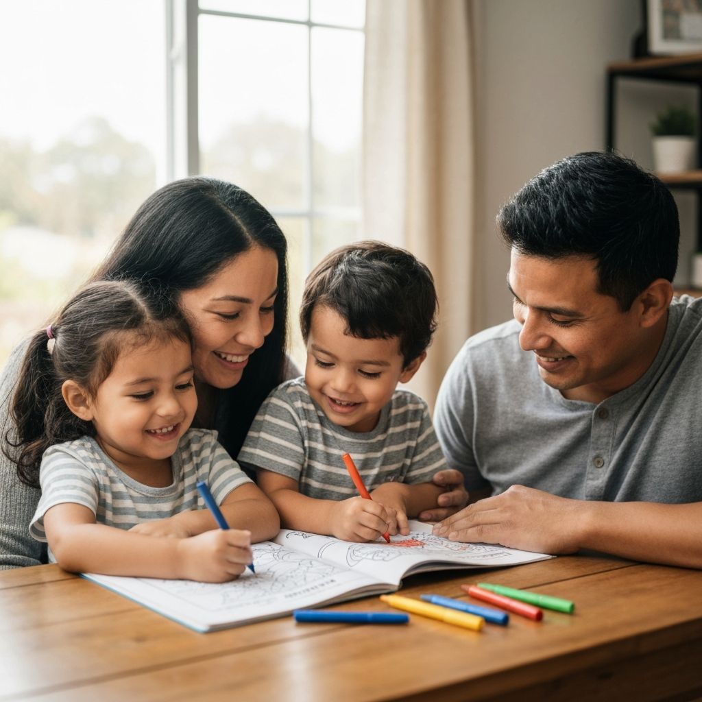 Familia coloreando juntos historias bíblicas
